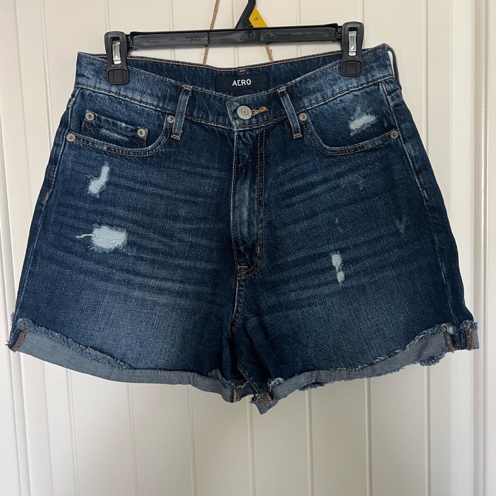 High-Waisted Blue Jean Shorts with Distressed Look
